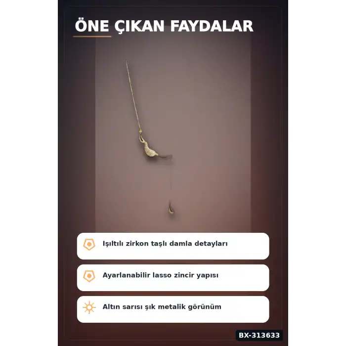 45 Cm Pirinç Gold Renk Zirkon Taşlı Damla Model Kadın Kolye - Tek Parça Takı BX-313633