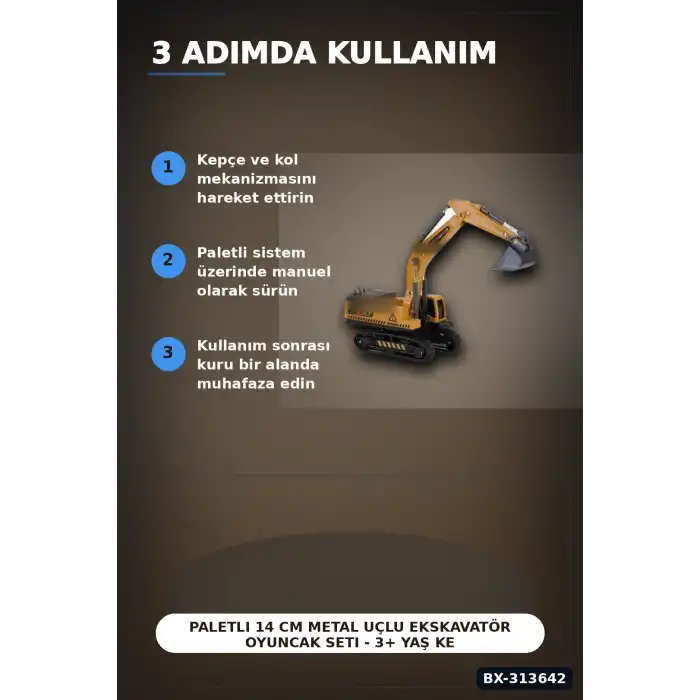 Paletli 14 cm Metal Uçlu Ekskavatör Oyuncak Seti - 3+ Yaş Kepçe Kolu Hareketli BX-313642