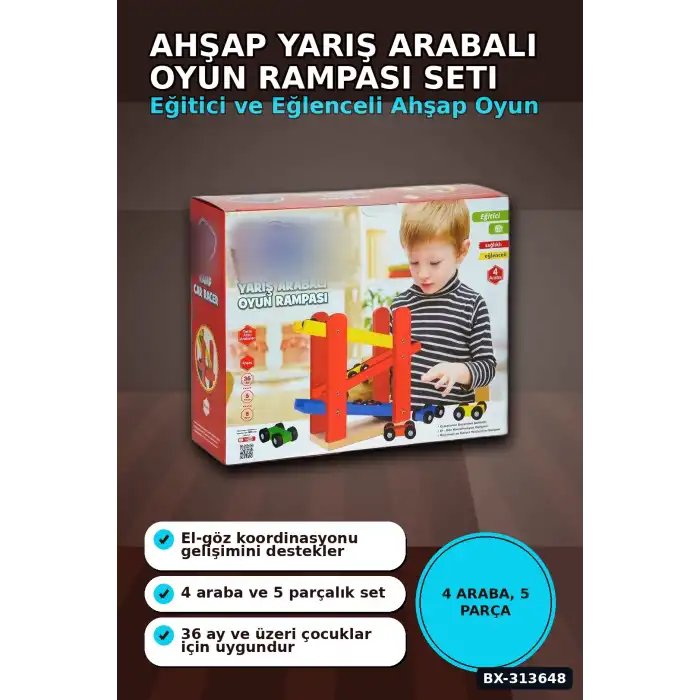 5 Parçalı Ahşap Yarış Arabası Rampa Seti - 4 Araçlı, 3 Yaş Üzeri Çocuk Gelişimi BX-313648