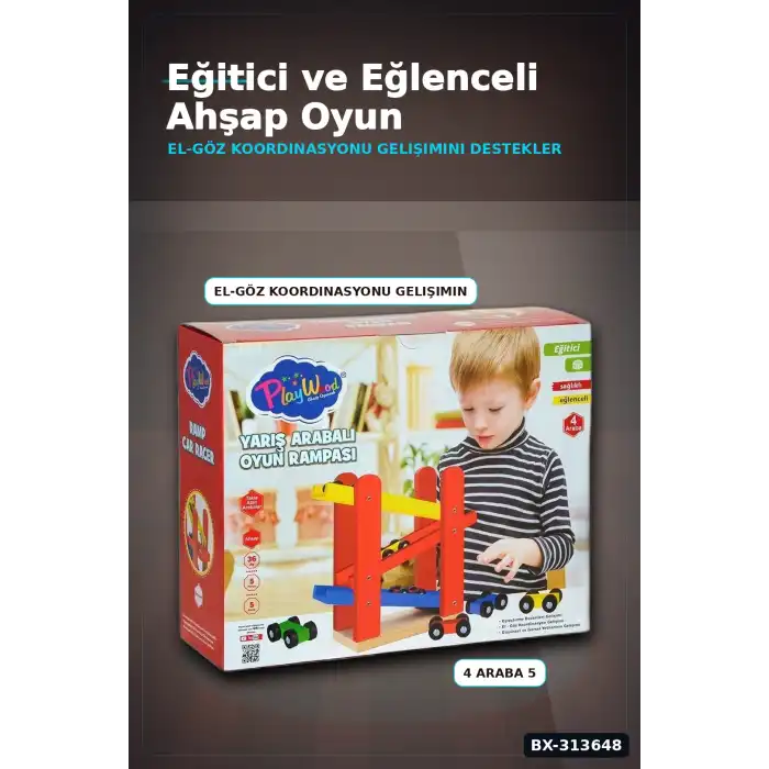 5 Parçalı Ahşap Yarış Arabası Rampa Seti - 4 Araçlı, 3 Yaş Üzeri Çocuk Gelişimi BX-313648
