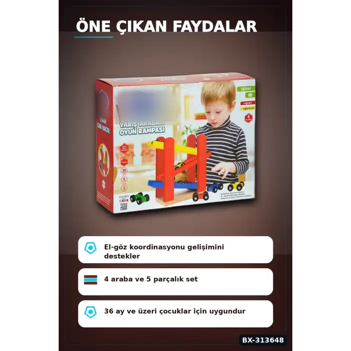 5 Parçalı Ahşap Yarış Arabası Rampa Seti - 4 Araçlı, 3 Yaş Üzeri Çocuk Gelişimi BX-313648