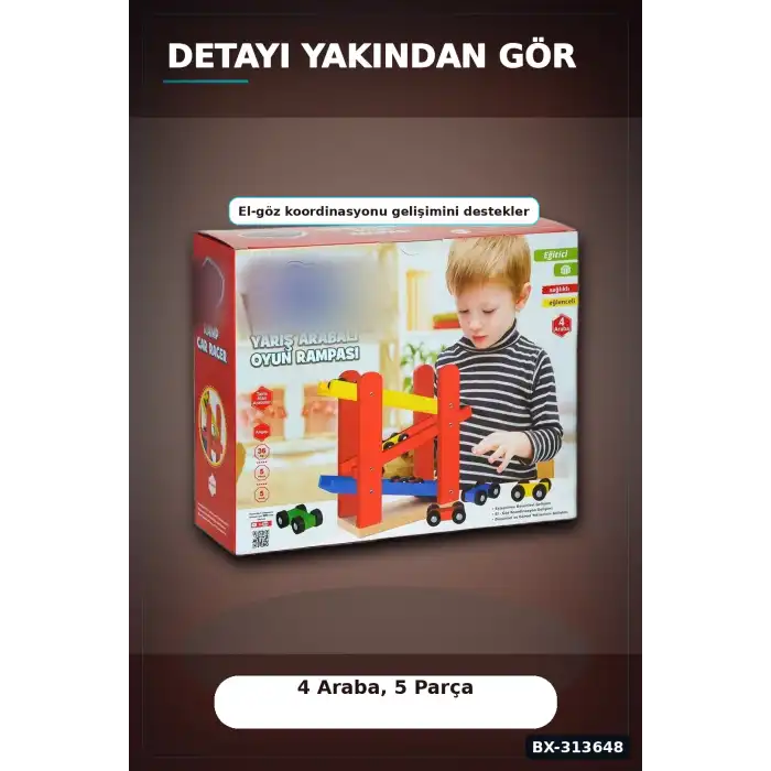 5 Parçalı Ahşap Yarış Arabası Rampa Seti - 4 Araçlı, 3 Yaş Üzeri Çocuk Gelişimi BX-313648