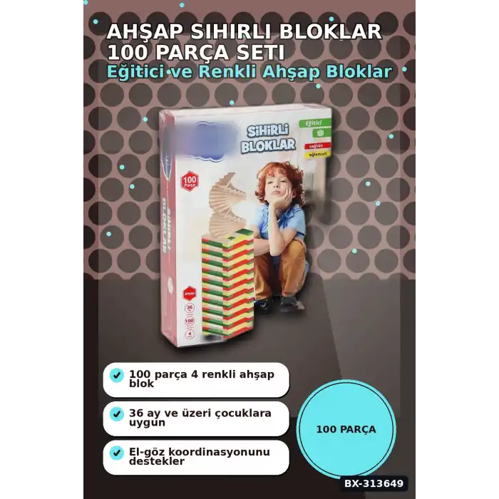 Ahşap Sihirli Bloklar 100 Parça Eğitici Oyuncak Kutusu - 36 Ay+ Çocuk Gelişim Seti BX-313649