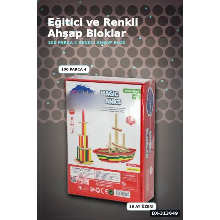 Ahşap Sihirli Bloklar 100 Parça Eğitici Oyuncak Kutusu - 36 Ay+ Çocuk Gelişim Seti BX-313649