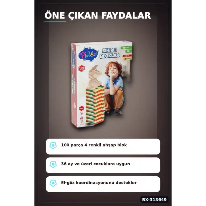 Ahşap Sihirli Bloklar 100 Parça Eğitici Oyuncak Kutusu - 36 Ay+ Çocuk Gelişim Seti BX-313649