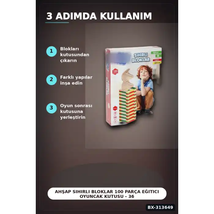 Ahşap Sihirli Bloklar 100 Parça Eğitici Oyuncak Kutusu - 36 Ay+ Çocuk Gelişim Seti BX-313649