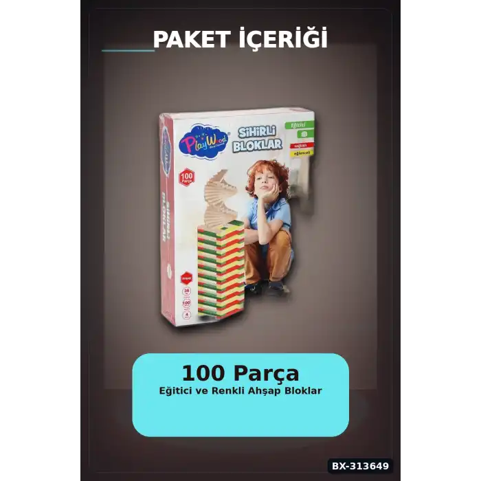 Ahşap Sihirli Bloklar 100 Parça Eğitici Oyuncak Kutusu - 36 Ay+ Çocuk Gelişim Seti BX-313649