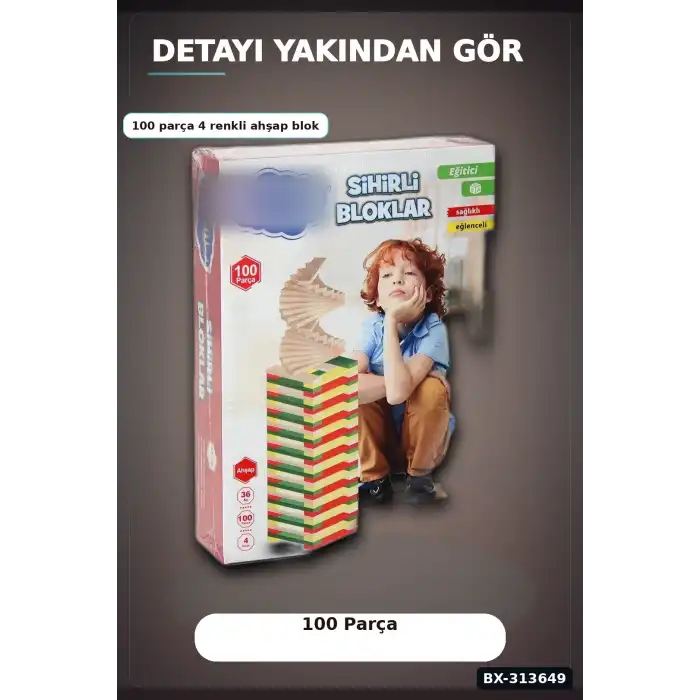 Ahşap Sihirli Bloklar 100 Parça Eğitici Oyuncak Kutusu - 36 Ay+ Çocuk Gelişim Seti BX-313649