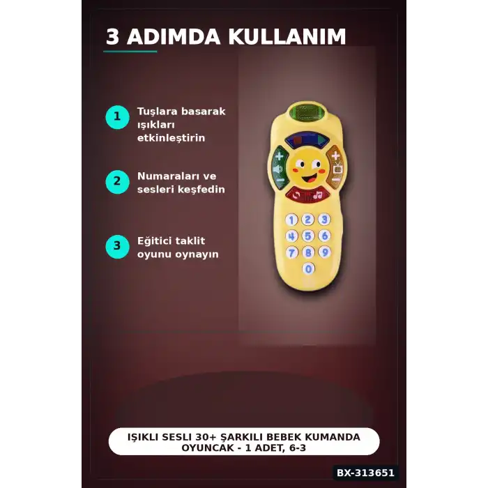 Işıklı Sesli 30+ Şarkılı Bebek Kumanda Oyuncak - 1 Adet, 6-36 Ay Eğitici Oyun BX-313651