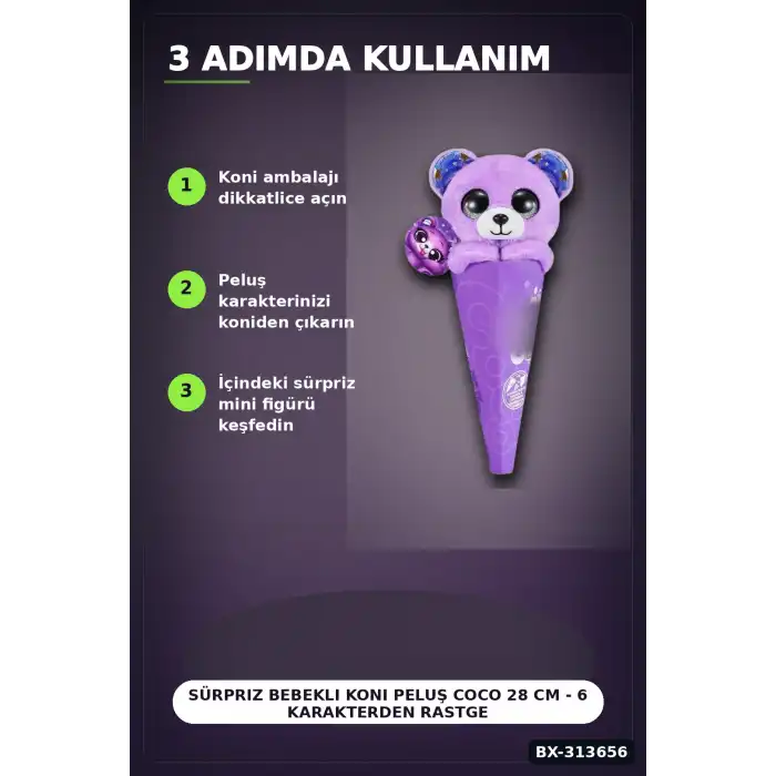 Sürpriz Bebekli Koni Peluş Coco 28 cm - 6 Karakterden Rastgele 1 Adet, 3+ Yaş Hediye BX-313656