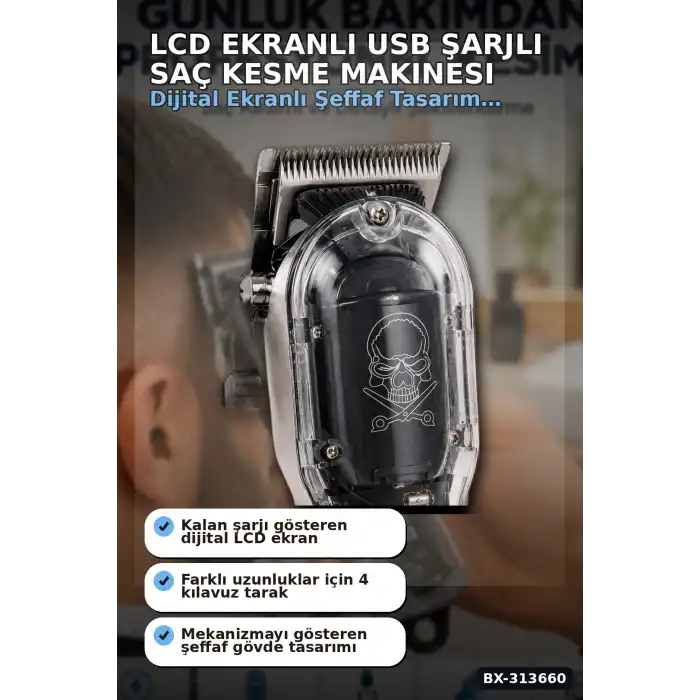 LCD Ekranlı USB Şarjlı Saç Kesme Makinesi 4 Tarak Profesyonel Erkek Tıraş Makinesi BX-313660