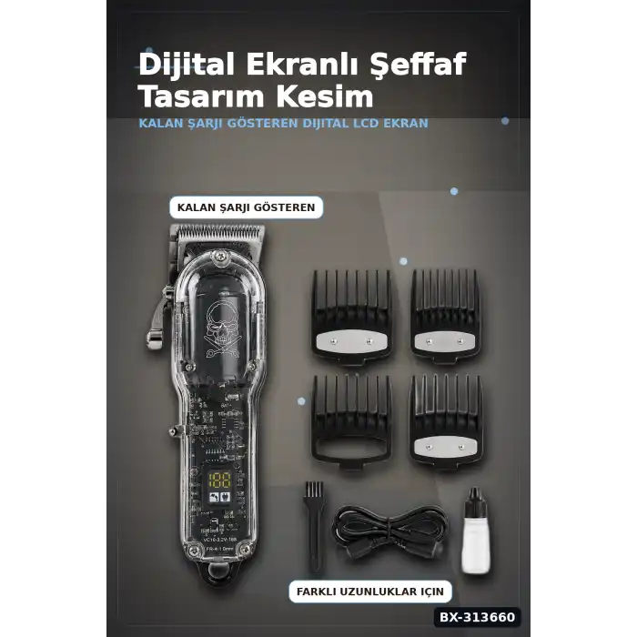 LCD Ekranlı USB Şarjlı Saç Kesme Makinesi 4 Tarak Profesyonel Erkek Tıraş Makinesi BX-313660