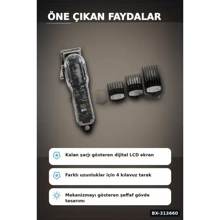 LCD Ekranlı USB Şarjlı Saç Kesme Makinesi 4 Tarak Profesyonel Erkek Tıraş Makinesi BX-313660