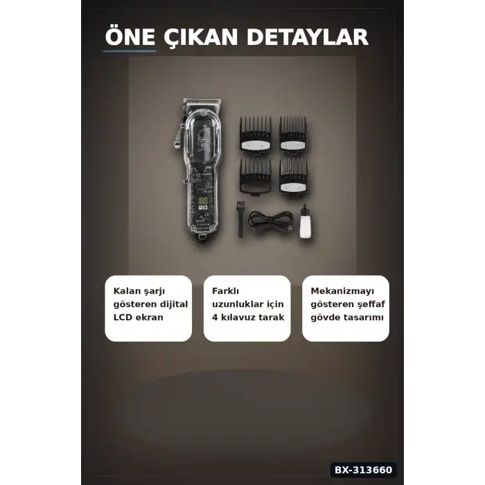 LCD Ekranlı USB Şarjlı Saç Kesme Makinesi 4 Tarak Profesyonel Erkek Tıraş Makinesi BX-313660