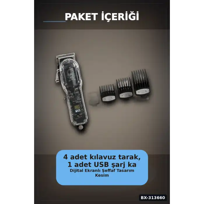LCD Ekranlı USB Şarjlı Saç Kesme Makinesi 4 Tarak Profesyonel Erkek Tıraş Makinesi BX-313660