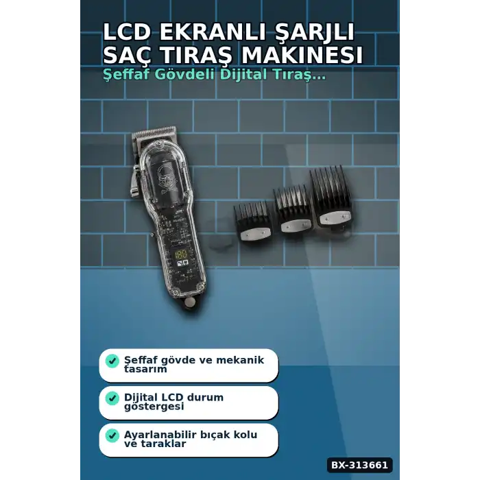 LCD Ekranlı Şarjlı Saç Tıraş Makinesi 1800 mAh 4 Taraklı USB Şarj Güçlü Motor Kesme Aleti BX-313661