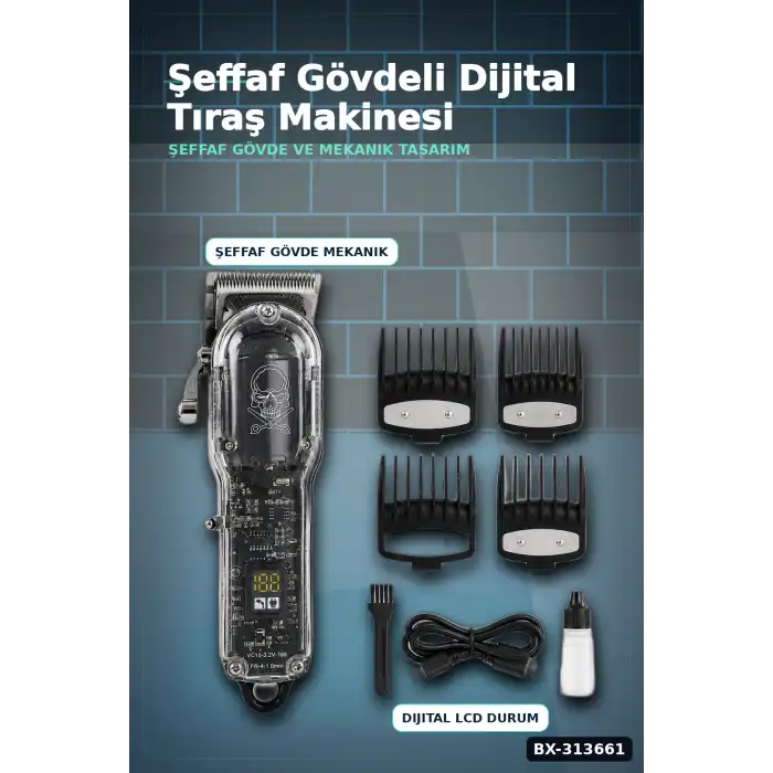 LCD Ekranlı Şarjlı Saç Tıraş Makinesi 1800 mAh 4 Taraklı USB Şarj Güçlü Motor Kesme Aleti BX-313661