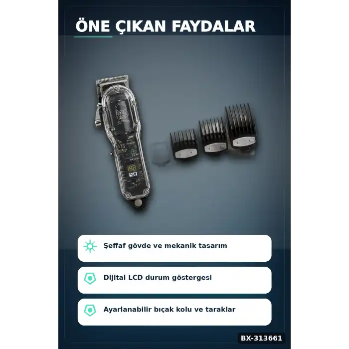LCD Ekranlı Şarjlı Saç Tıraş Makinesi 1800 mAh 4 Taraklı USB Şarj Güçlü Motor Kesme Aleti BX-313661