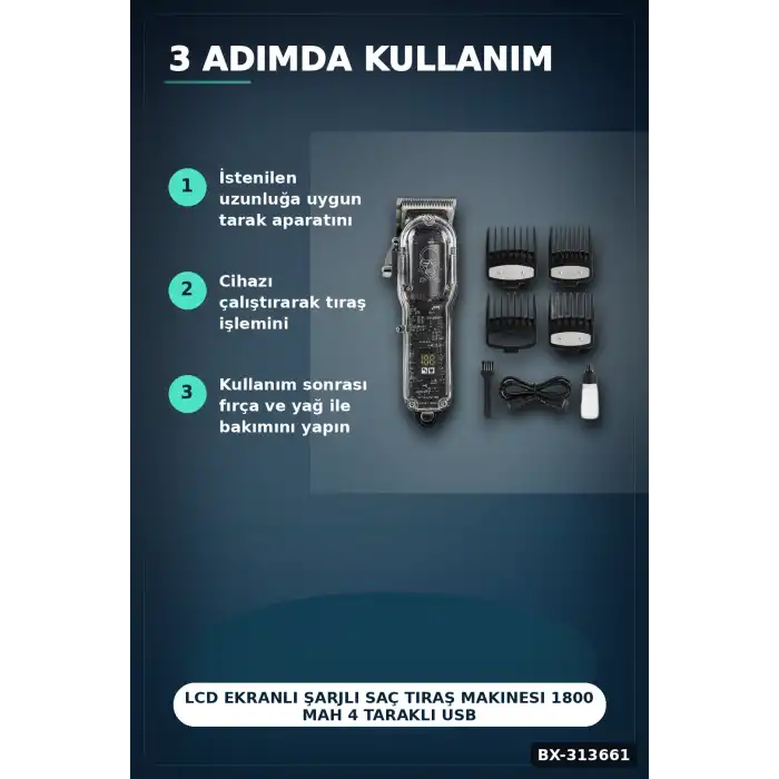 LCD Ekranlı Şarjlı Saç Tıraş Makinesi 1800 mAh 4 Taraklı USB Şarj Güçlü Motor Kesme Aleti BX-313661