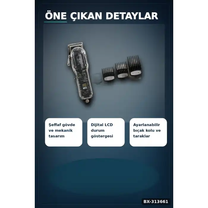 LCD Ekranlı Şarjlı Saç Tıraş Makinesi 1800 mAh 4 Taraklı USB Şarj Güçlü Motor Kesme Aleti BX-313661