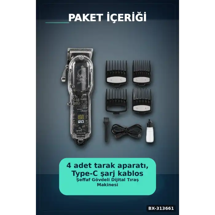 LCD Ekranlı Şarjlı Saç Tıraş Makinesi 1800 mAh 4 Taraklı USB Şarj Güçlü Motor Kesme Aleti BX-313661