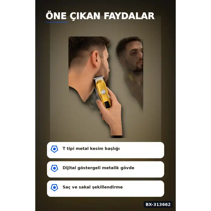 T Bıçaklı Saç Sakal Kesme Makinesi 120 Dakika Kullanım 3 Tarak USB Şarjlı Profesyonel BX-313662