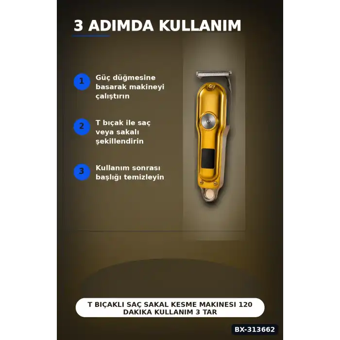 T Bıçaklı Saç Sakal Kesme Makinesi 120 Dakika Kullanım 3 Tarak USB Şarjlı Profesyonel BX-313662