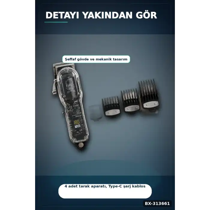 LCD Ekranlı Şarjlı Saç Tıraş Makinesi 1800 mAh 4 Taraklı USB Şarj Güçlü Motor Kesme Aleti BX-313661