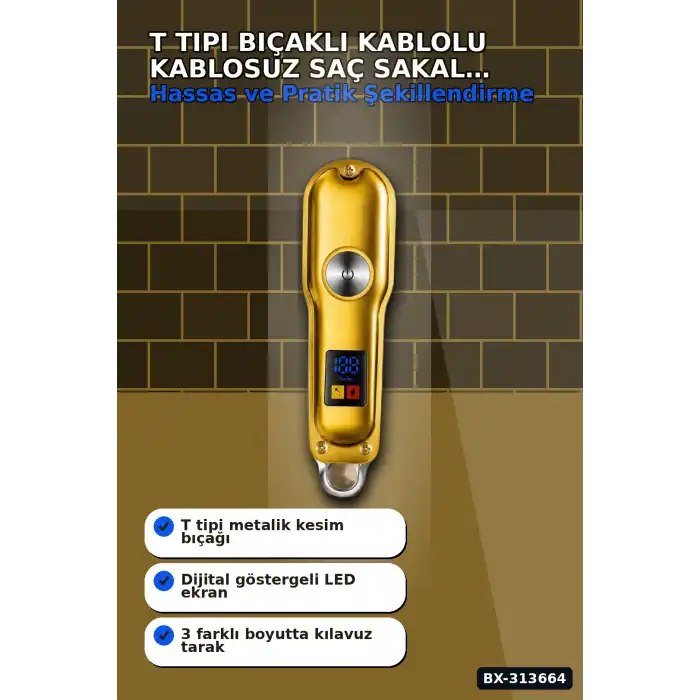 T Tipi Bıçaklı Kablolu Kablosuz Saç Sakal Kesme Makinesi 1 2 3 mm Tarak LED Ekran Turbo BX-313664