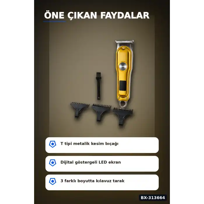 T Tipi Bıçaklı Kablolu Kablosuz Saç Sakal Kesme Makinesi 1 2 3 mm Tarak LED Ekran Turbo BX-313664