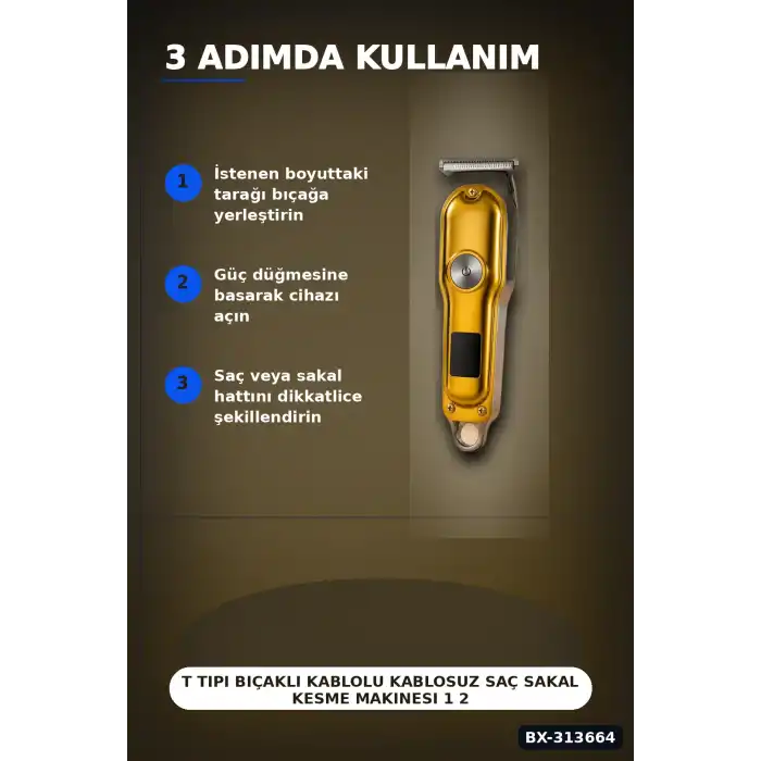 T Tipi Bıçaklı Kablolu Kablosuz Saç Sakal Kesme Makinesi 1 2 3 mm Tarak LED Ekran Turbo BX-313664