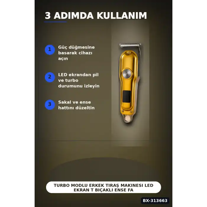 Turbo Modlu Erkek Tıraş Makinesi Led Ekran T Bıçaklı Ense Favori Şekillendirme Usb BX-313663