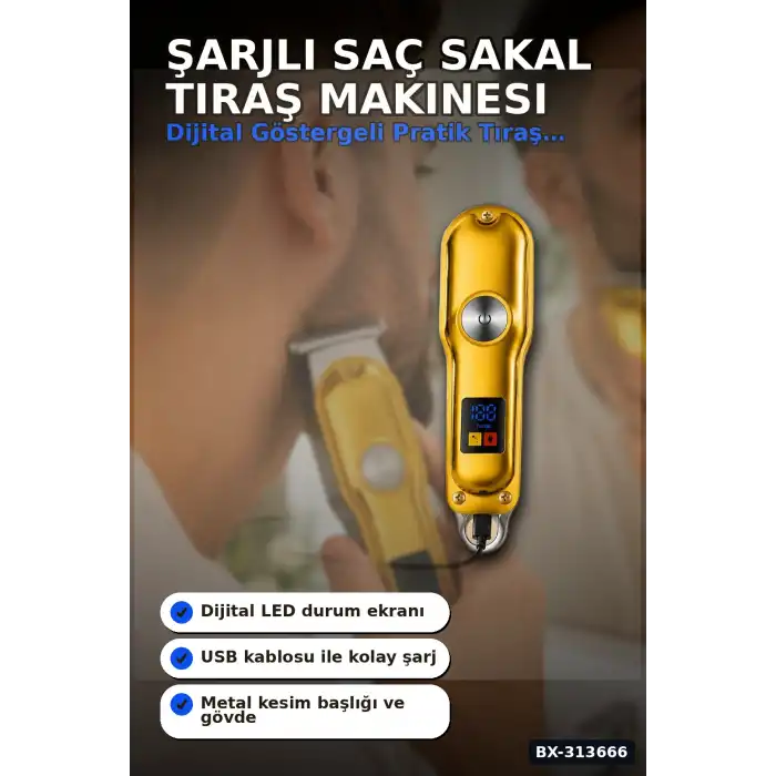 3 Taraklı Şarjlı Saç Sakal Tıraş Makinesi, Turbo Modlu LED Gösterge T Bıçak Kesim BX-313666