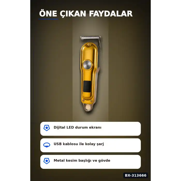 3 Taraklı Şarjlı Saç Sakal Tıraş Makinesi, Turbo Modlu LED Gösterge T Bıçak Kesim BX-313666