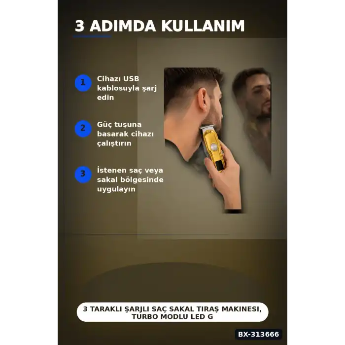 3 Taraklı Şarjlı Saç Sakal Tıraş Makinesi, Turbo Modlu LED Gösterge T Bıçak Kesim BX-313666