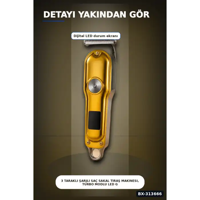 3 Taraklı Şarjlı Saç Sakal Tıraş Makinesi, Turbo Modlu LED Gösterge T Bıçak Kesim BX-313666