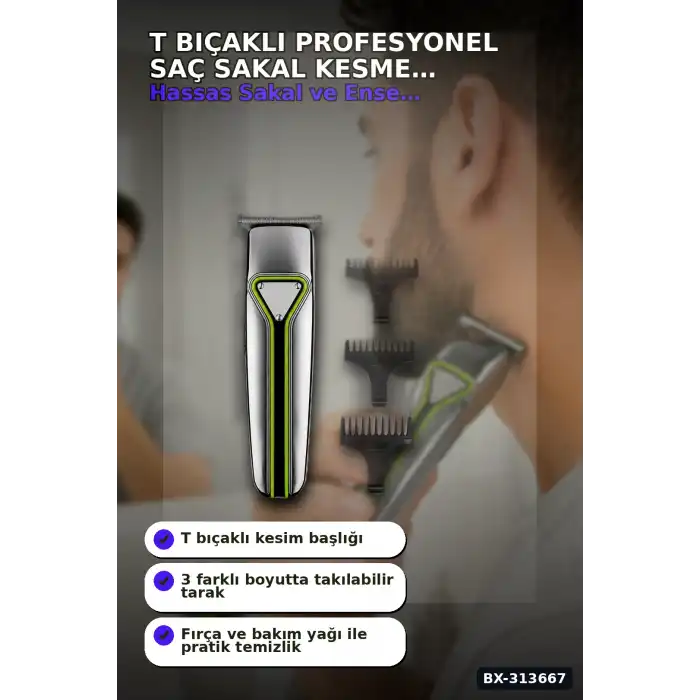 T Bıçaklı Profesyonel Saç Sakal Kesme Makinesi USB Şarjlı 3 Taraklı Erkek Bakım Seti BX-313667