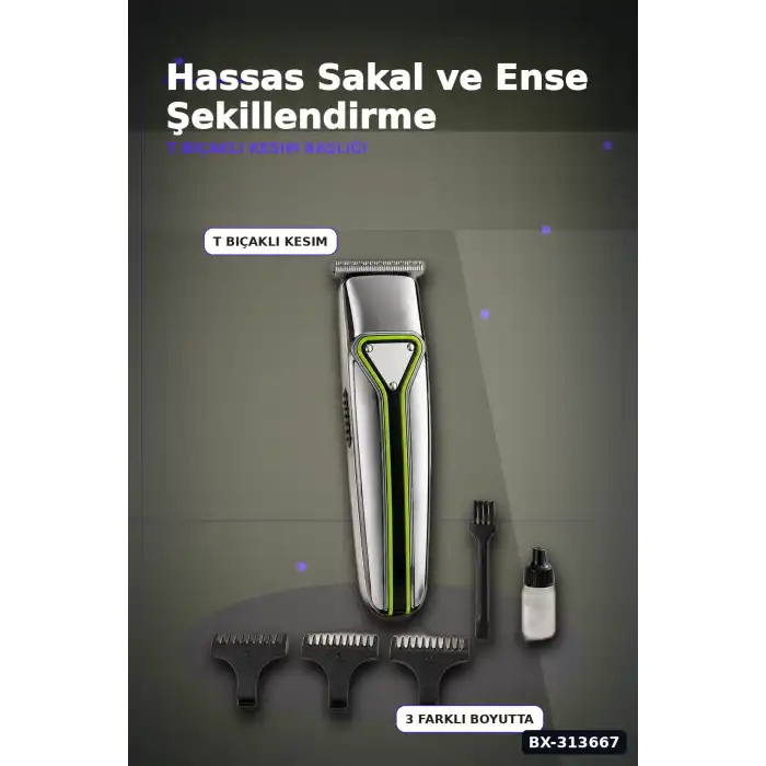T Bıçaklı Profesyonel Saç Sakal Kesme Makinesi USB Şarjlı 3 Taraklı Erkek Bakım Seti BX-313667