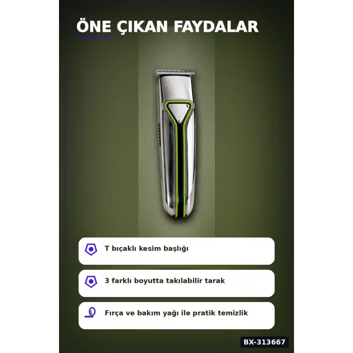 T Bıçaklı Profesyonel Saç Sakal Kesme Makinesi USB Şarjlı 3 Taraklı Erkek Bakım Seti BX-313667