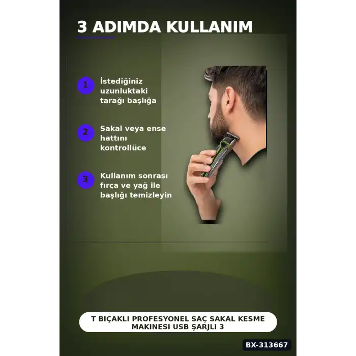 T Bıçaklı Profesyonel Saç Sakal Kesme Makinesi USB Şarjlı 3 Taraklı Erkek Bakım Seti BX-313667