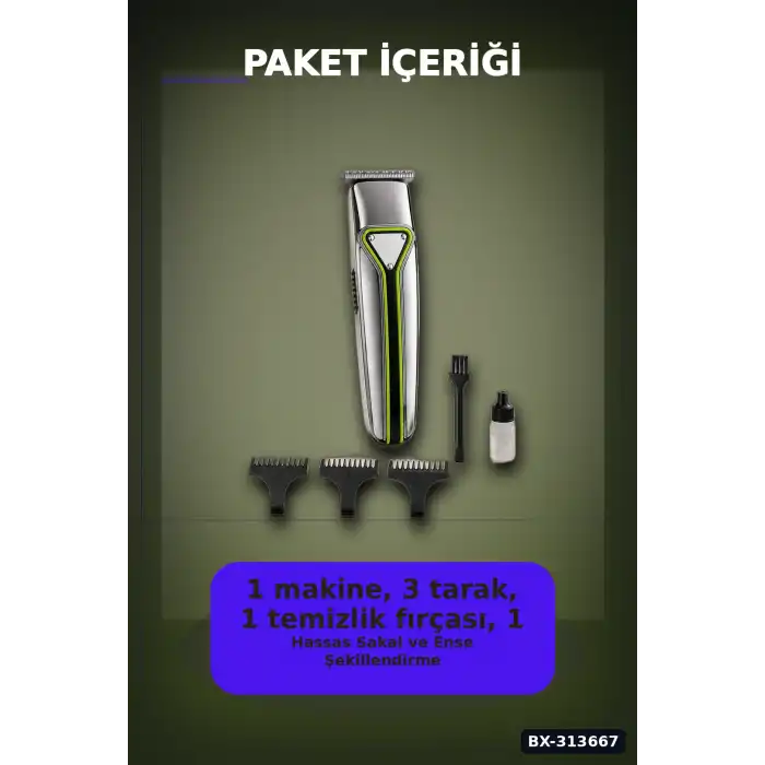 T Bıçaklı Profesyonel Saç Sakal Kesme Makinesi USB Şarjlı 3 Taraklı Erkek Bakım Seti BX-313667