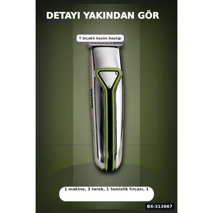 T Bıçaklı Profesyonel Saç Sakal Kesme Makinesi USB Şarjlı 3 Taraklı Erkek Bakım Seti BX-313667