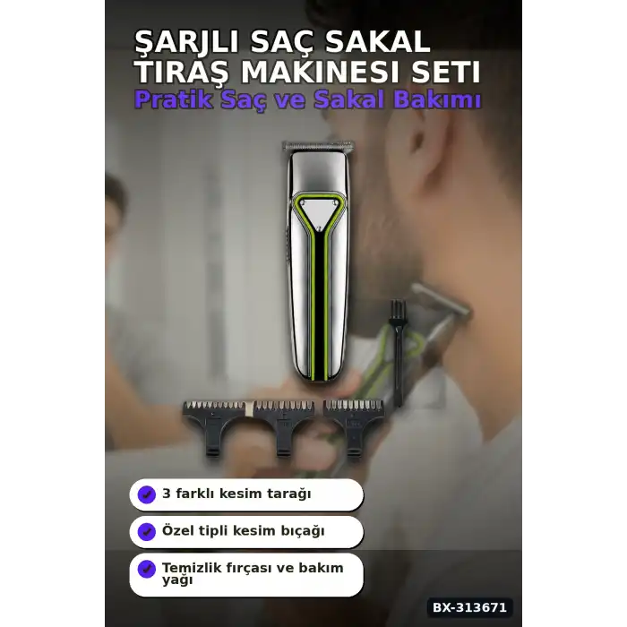 T Bıçaklı Şarjlı Saç Sakal Tıraş Makinesi 3 Taraklı Kablosuz Erkek Bakım Seti BX-313671