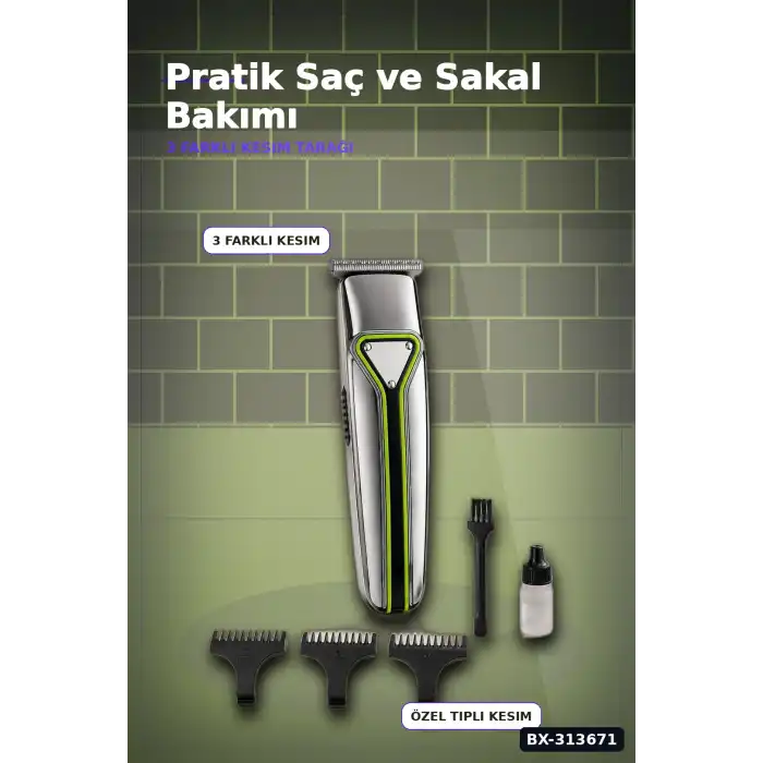 T Bıçaklı Şarjlı Saç Sakal Tıraş Makinesi 3 Taraklı Kablosuz Erkek Bakım Seti BX-313671