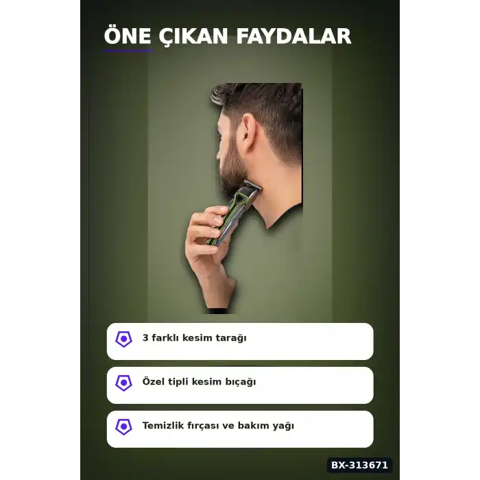 T Bıçaklı Şarjlı Saç Sakal Tıraş Makinesi 3 Taraklı Kablosuz Erkek Bakım Seti BX-313671