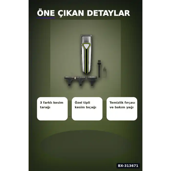 T Bıçaklı Şarjlı Saç Sakal Tıraş Makinesi 3 Taraklı Kablosuz Erkek Bakım Seti BX-313671