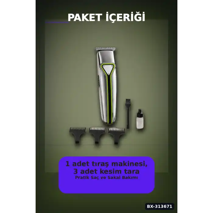 T Bıçaklı Şarjlı Saç Sakal Tıraş Makinesi 3 Taraklı Kablosuz Erkek Bakım Seti BX-313671