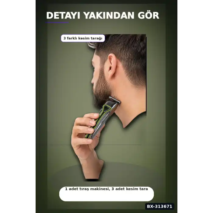 T Bıçaklı Şarjlı Saç Sakal Tıraş Makinesi 3 Taraklı Kablosuz Erkek Bakım Seti BX-313671