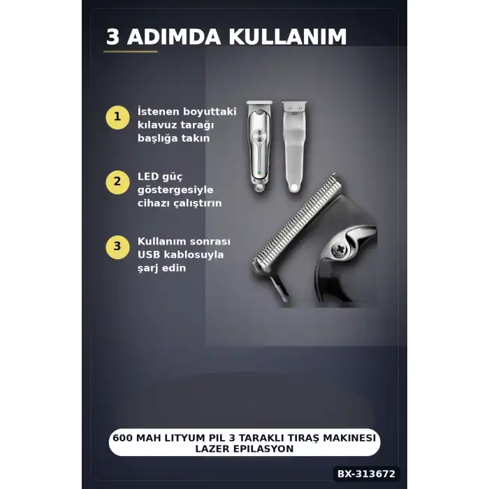 600 Mah Lityum Pil 3 Taraklı Tıraş Makinesi Lazer Epilasyon Öncesi Kısaltma BX-313672