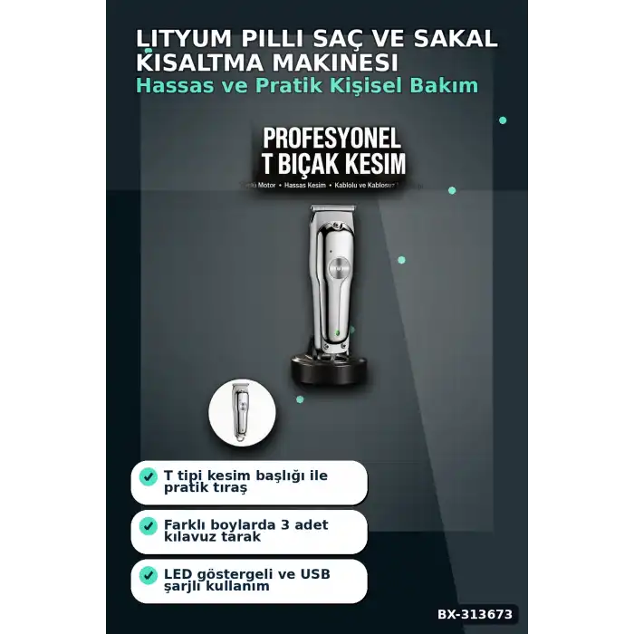 Lityum Pilli 600mAh Saç Sakal Kısaltma Makinesi 3 Taraklı USB Şarj LED Ekran BX-313673